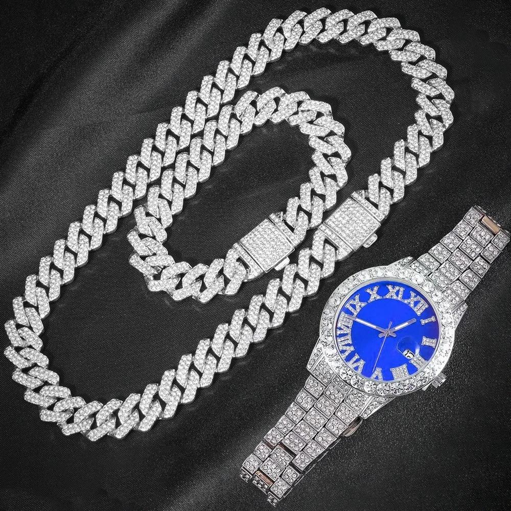 Montre à chaîne cubaine pour hommes, 3 pièces, Hip Hop Miami, bordure glacée, pavé de strass, rappeu
