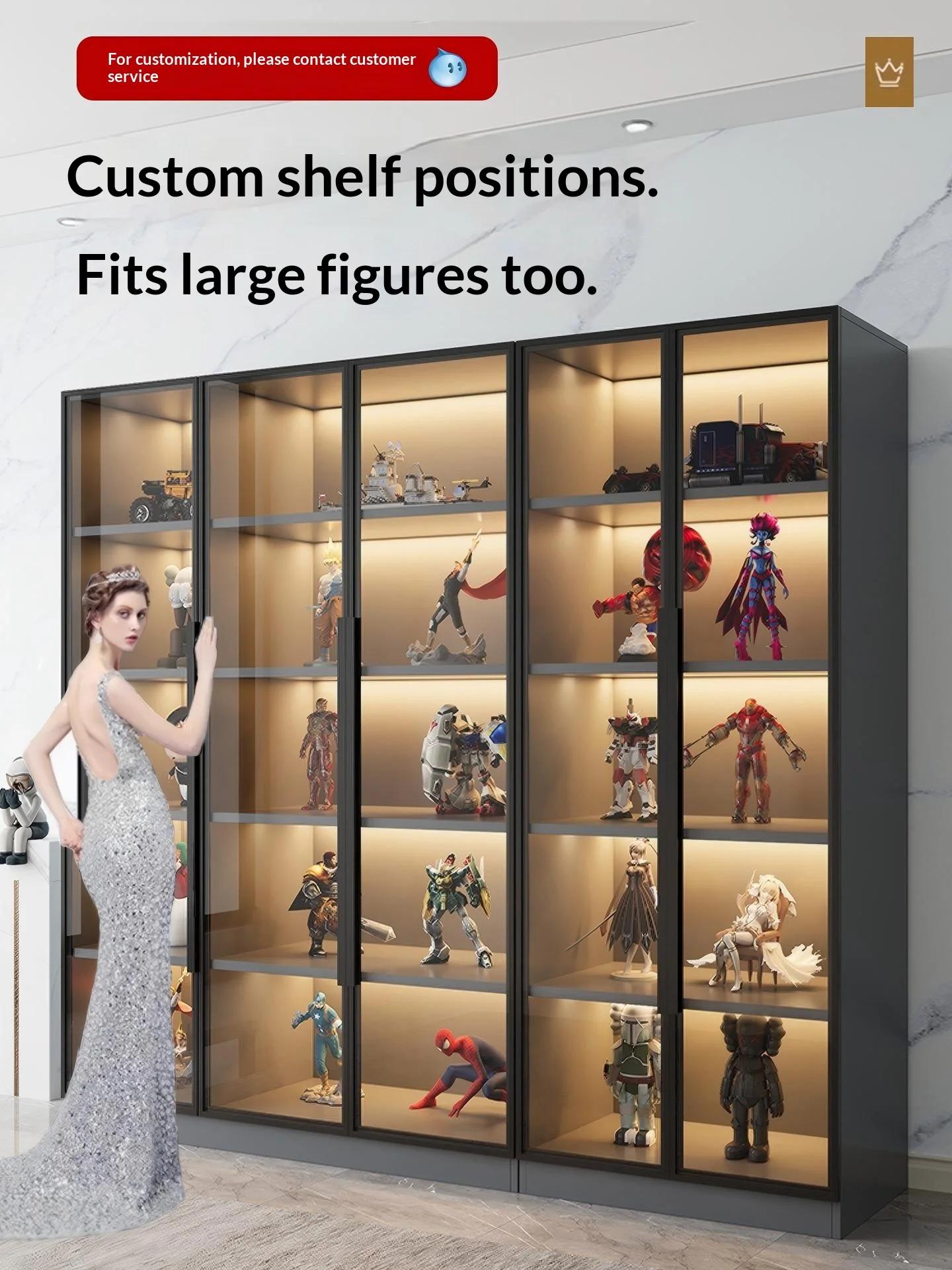 Vitrine personnalisable pour figurines avec porte en verre trempé, éclairage LED, grande capacité, r