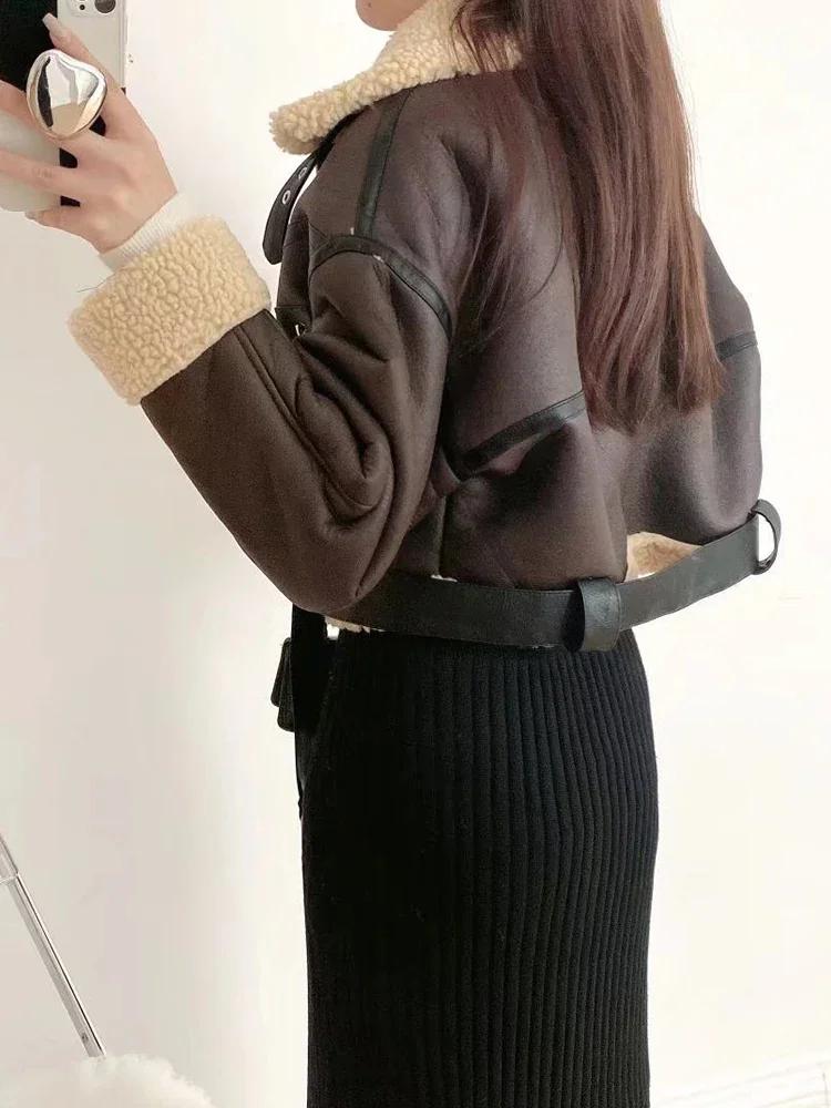 Ailegogo hiver femmes Streetwear fausse fourrure d'agneau veste courte avec ceinture Moto Biker épai