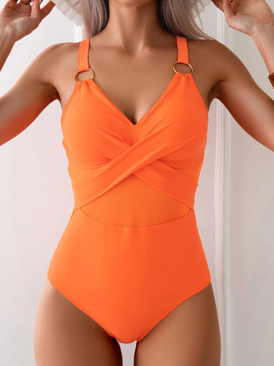 Maillot de bain une pièce plissé en maille pour femme 2026 avec anneau, sexy, pour la plage et l'été