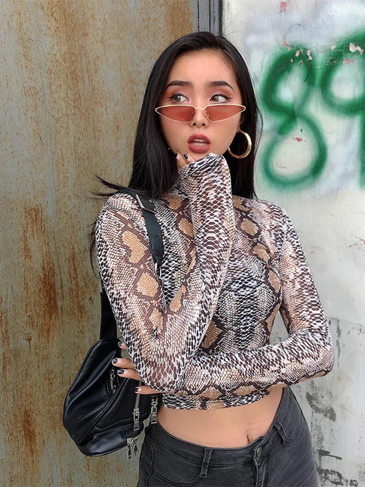 Décontracté vert serpent imprimé T-shirt femmes haut en maille à manches longues Transparent peau de