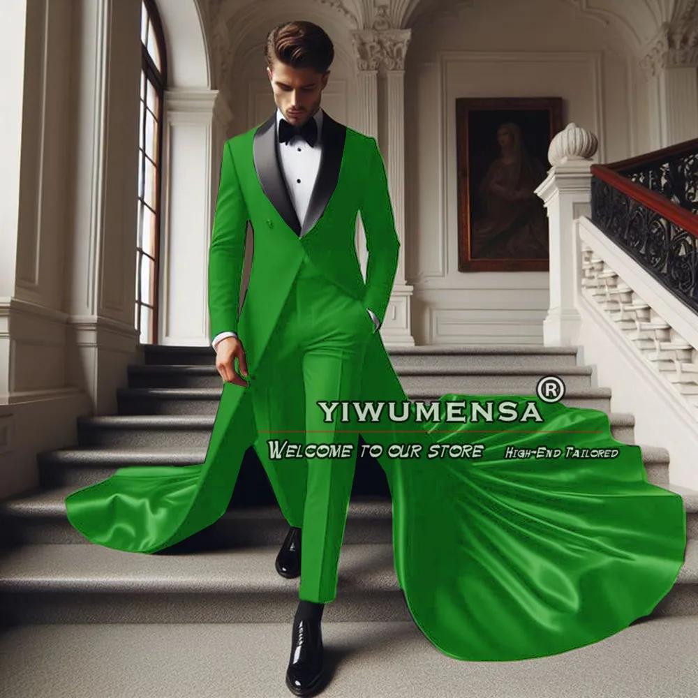 Costumes de mariage de luxe pour hommes, coupe couvertes, châle noir, revers, long manteau, pantalon
