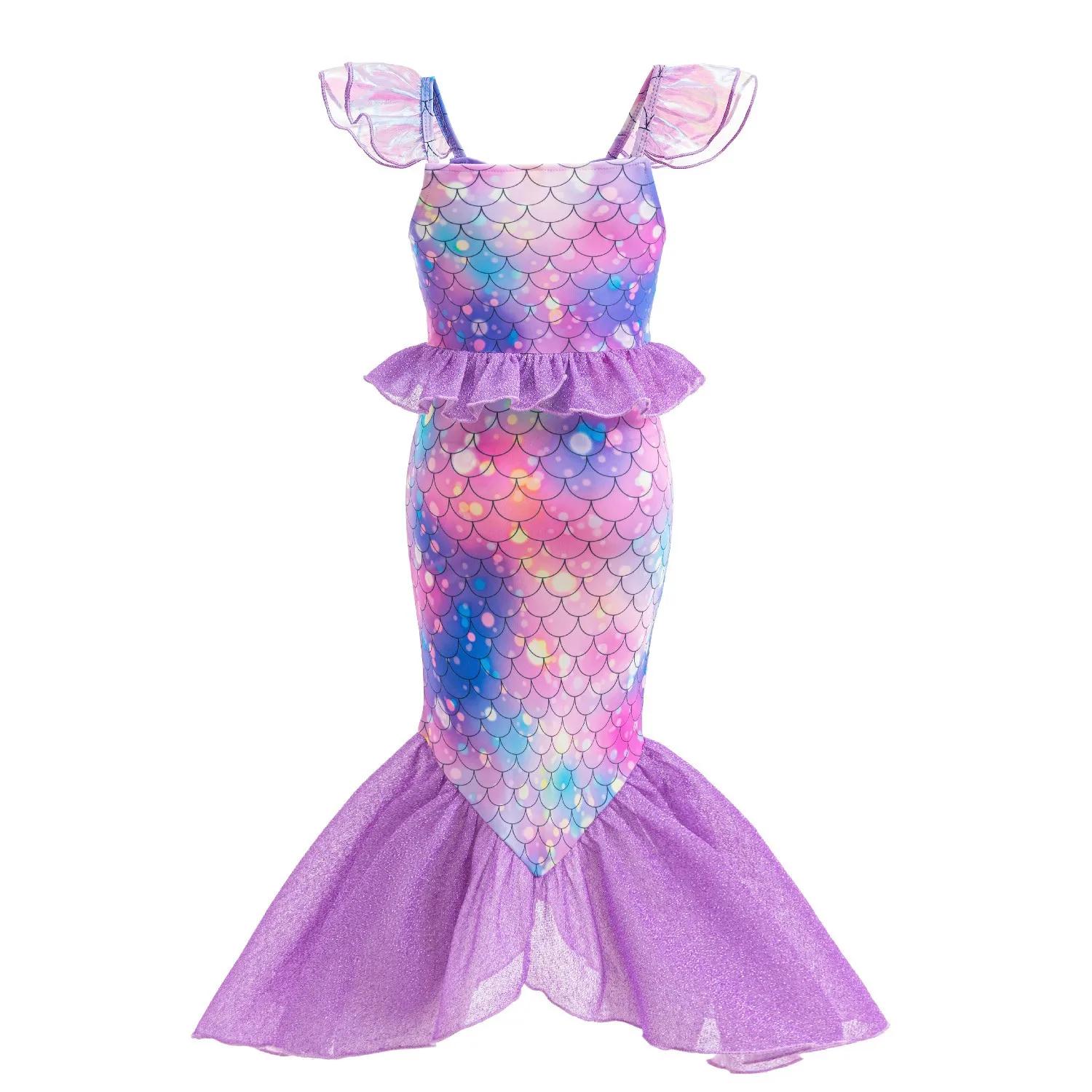 Robes de princesse sirène violettes pour filles, imprimé à motifs de poisson, Costume queue de poiss