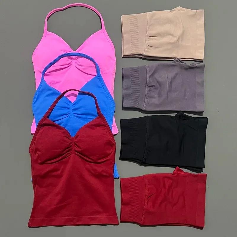 Ensemble de sport 2 pièces pour femme : débardeur dos nu et short taille haute froncé sans couture –