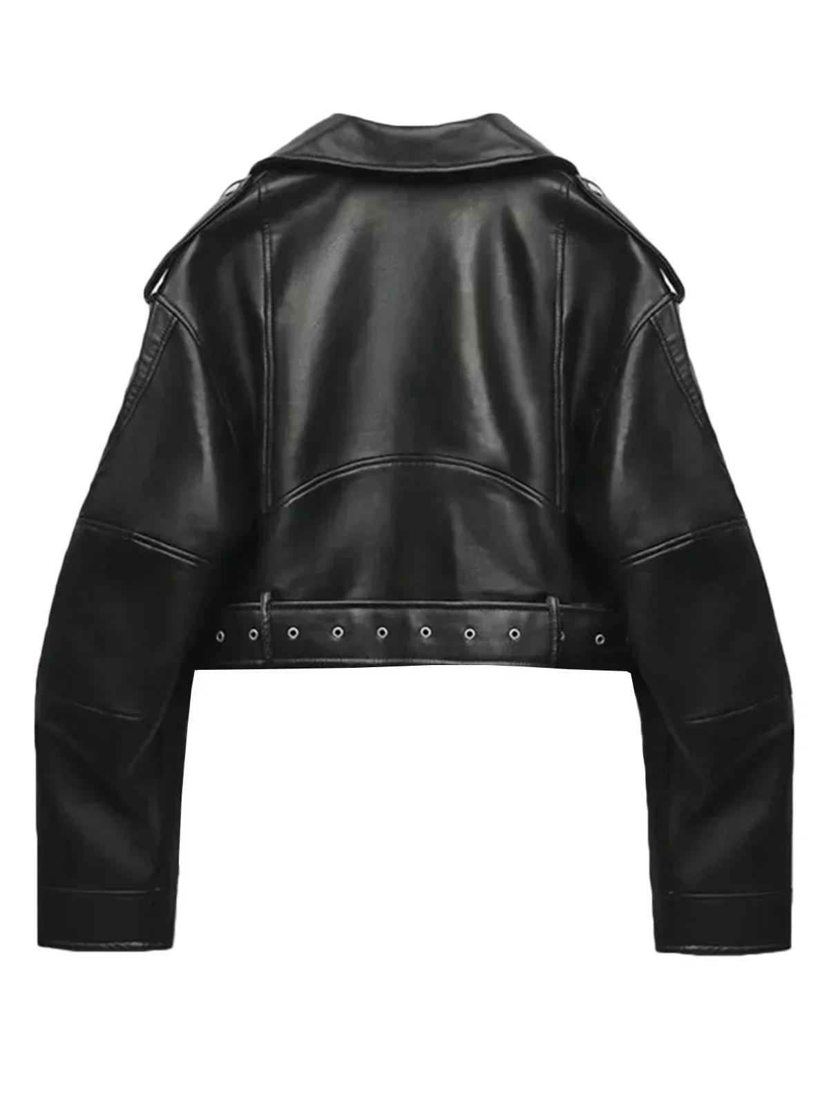 Femmes Vintage ample lavé Faux cuir veste courte Streetwear femme fermeture éclair ceinture Moto Bik