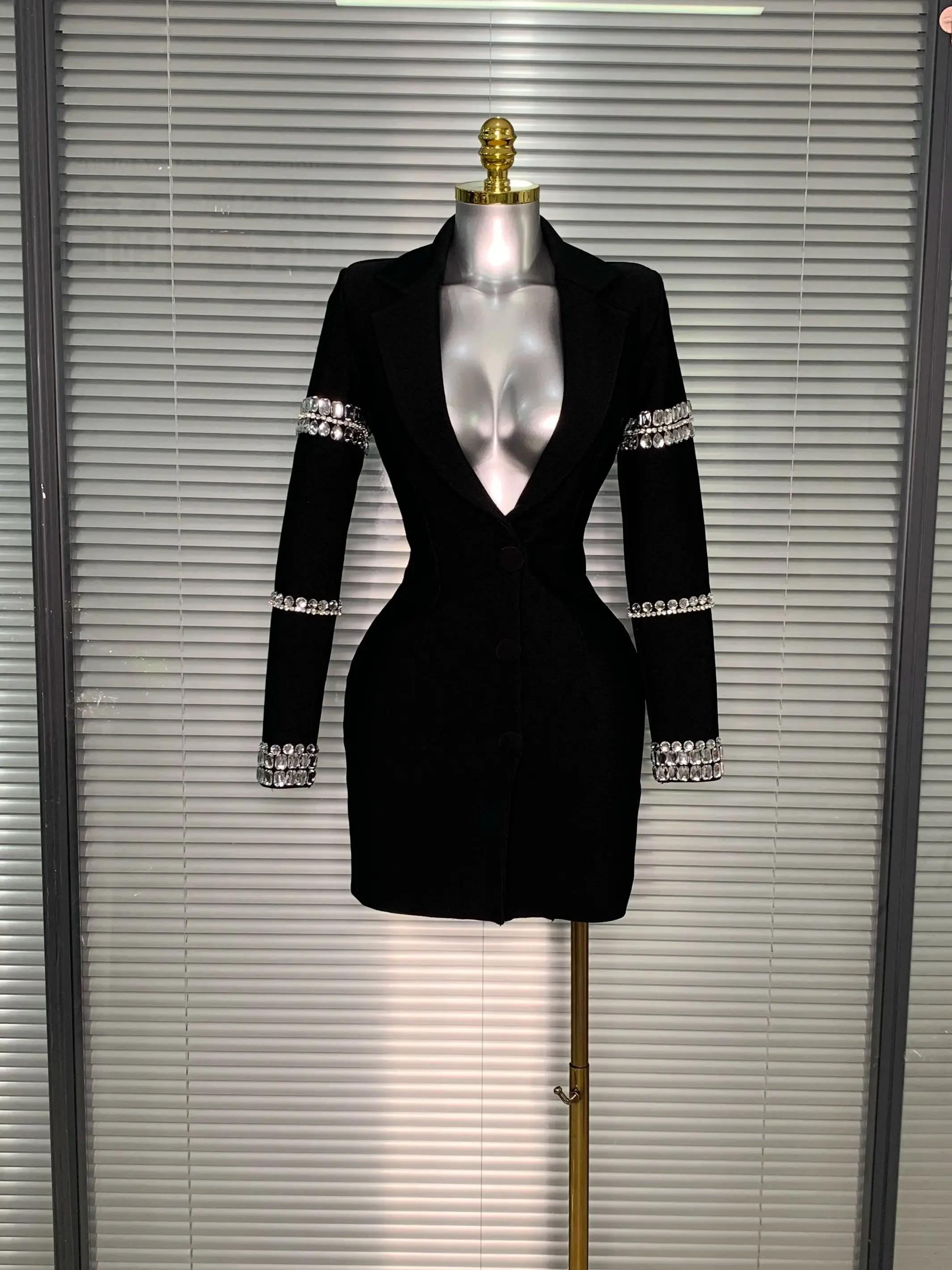 Robe à bandes pour femmes, flambant neuf, Sexy, décolleté en V profond, manches longues, Blazer perl