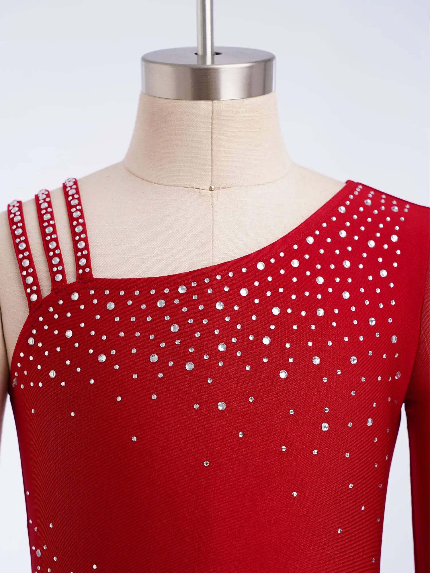 Justaucorps de danse et de gymnastique pour filles, avec strass scintillants, maille asymétrique, co
