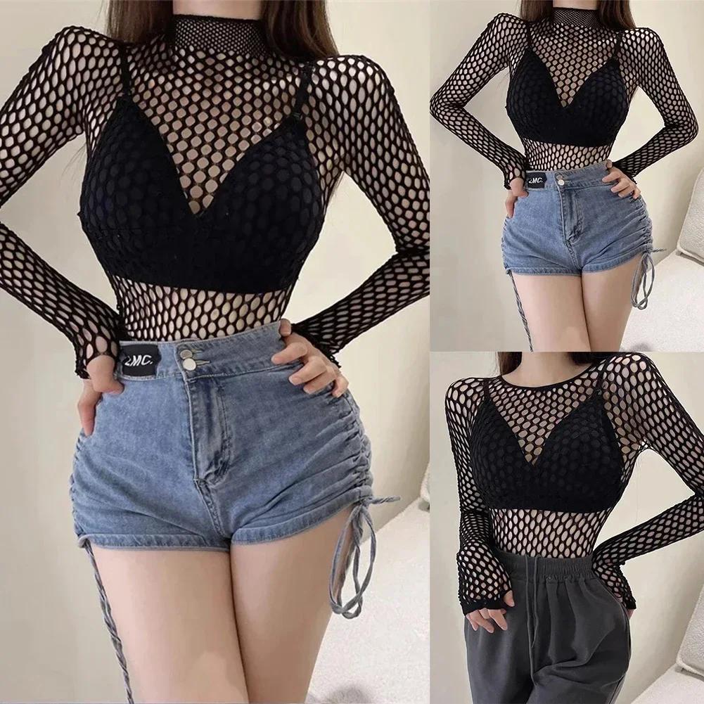 Femmes Sexy maille à manches longues résille hauts amusant mode Slim Fit hauts évider voir à travers