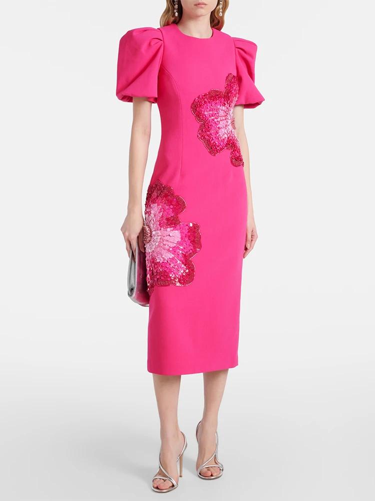 HIGH STREET Nouveauté 2026 Robe midi à manches courtes pour femme, de créateur, ornée de perles et d