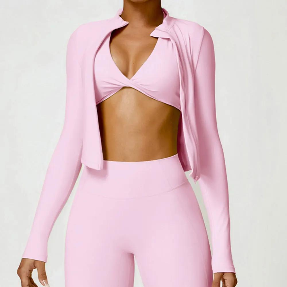 Chemise d'exercice de gymnastique pour femmes, vêtements de sport à manches longues, veste à fermetu