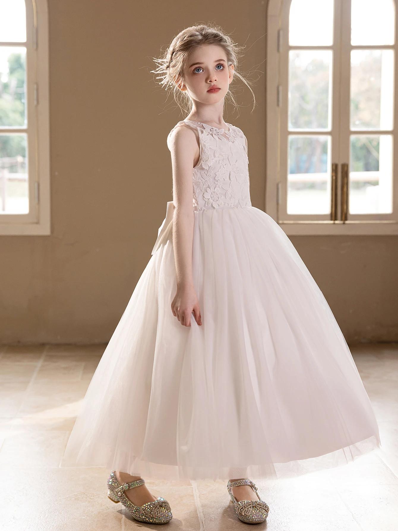 Robe de mariée en gaze blanche pour adolescentes, broderie en dentelle, grand nœud, robe de soirée g