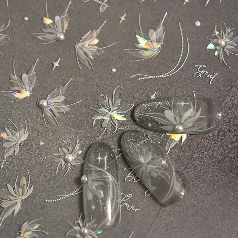 Autocollants pour ongles translucides 5D, haute qualité, en relief, blanc pur, perle dahlia, strass
