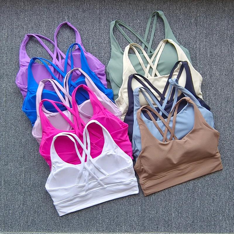 Soutien-gorge de sport en forme de U pour femme, couleur unie, dos croisé, fitness, exercice, yoga,