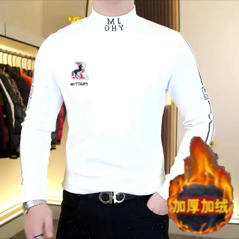 T-shirt à manches longues et col Semi-haut pour homme, en velours Double face, épais et chaud, Slim,