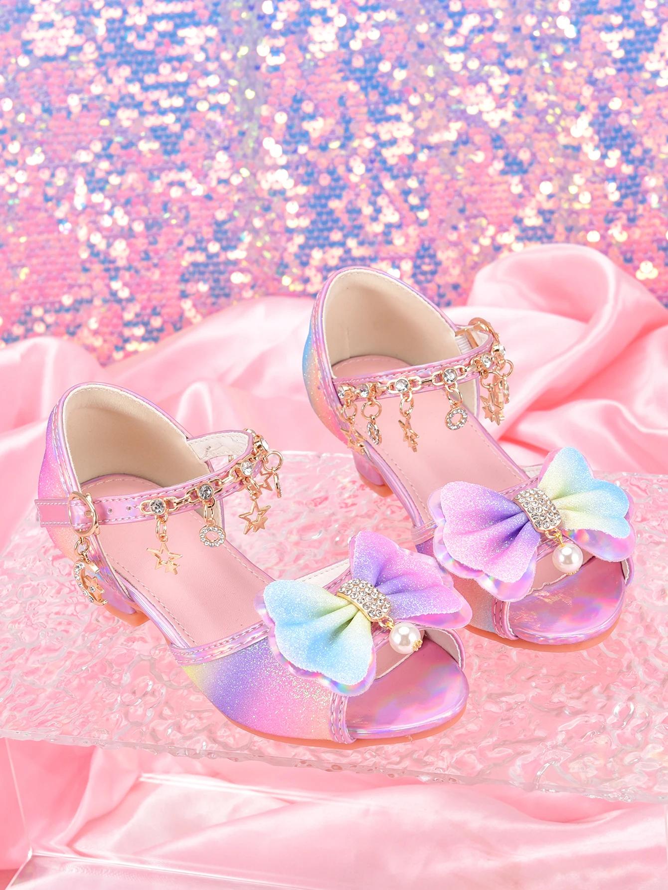 Chaussures à talons hauts à paillettes arc-en-ciel pour filles, sandales de fête pour spectacle de d