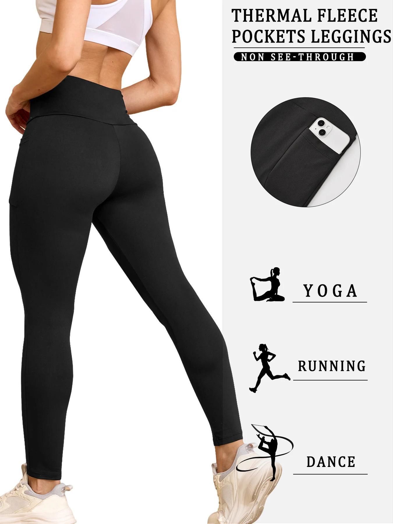 Leggings thermiques d'hiver pour femmes avec poches – Collants chauds épais taille haute doublés en
