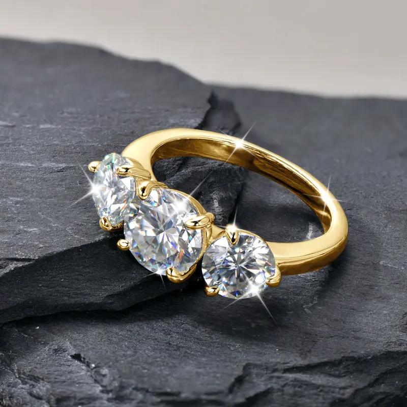 Lnngy – bague de fiançailles ronde en Moissanite pour femmes, 8mm et 6.5mm, en or 14K, trois pierres