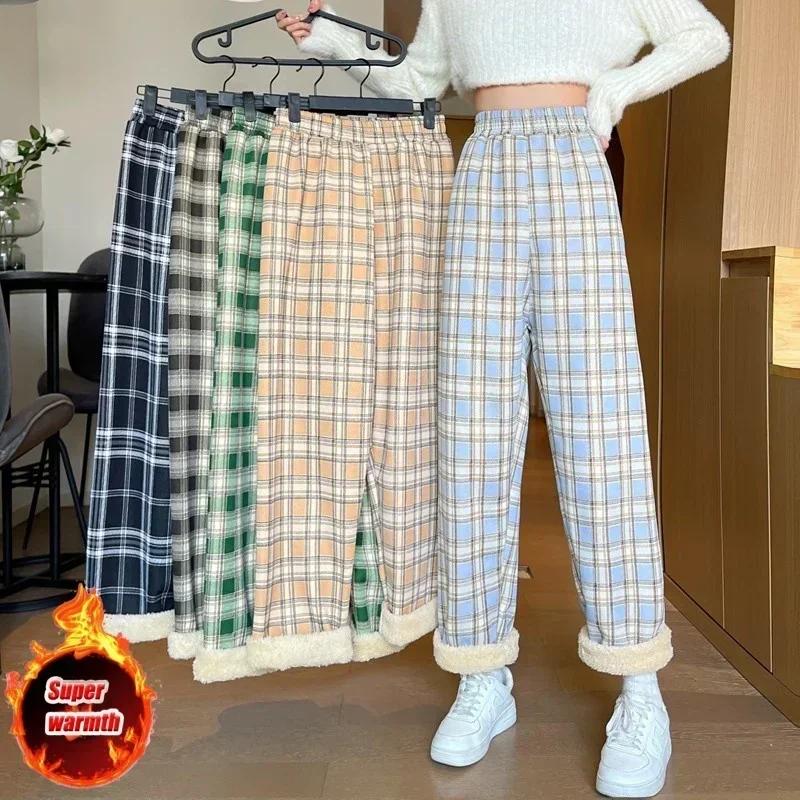 Mode chaud en peluche pantalon cachemire épais Plaid dames hiver décontracté ample pantalons à jambe
