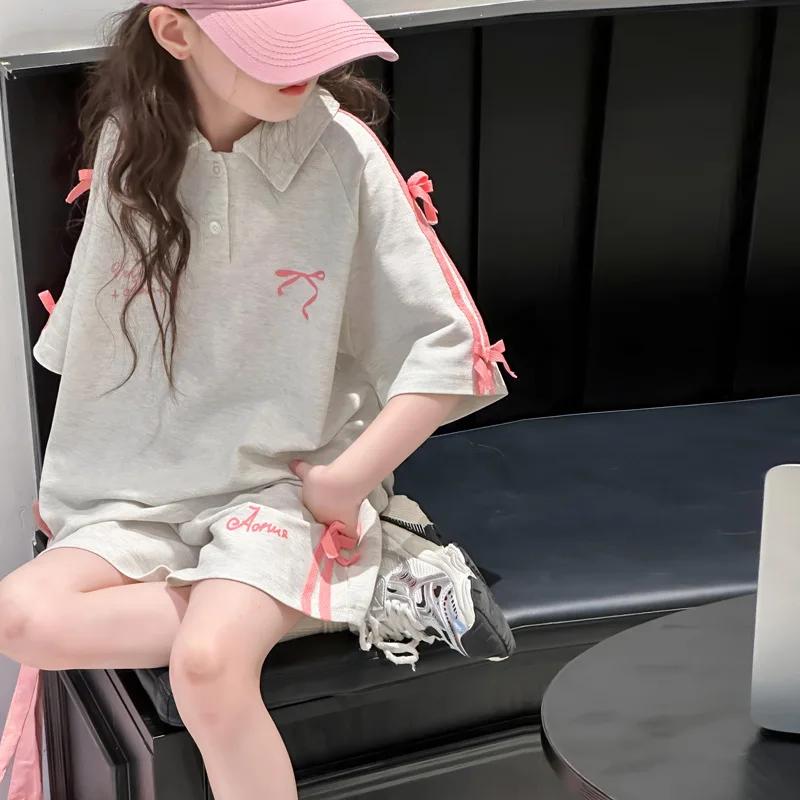 T-Shirt de sport d'été pour filles, costume avec nœud en sangle, pour grands enfants, Version coréen
