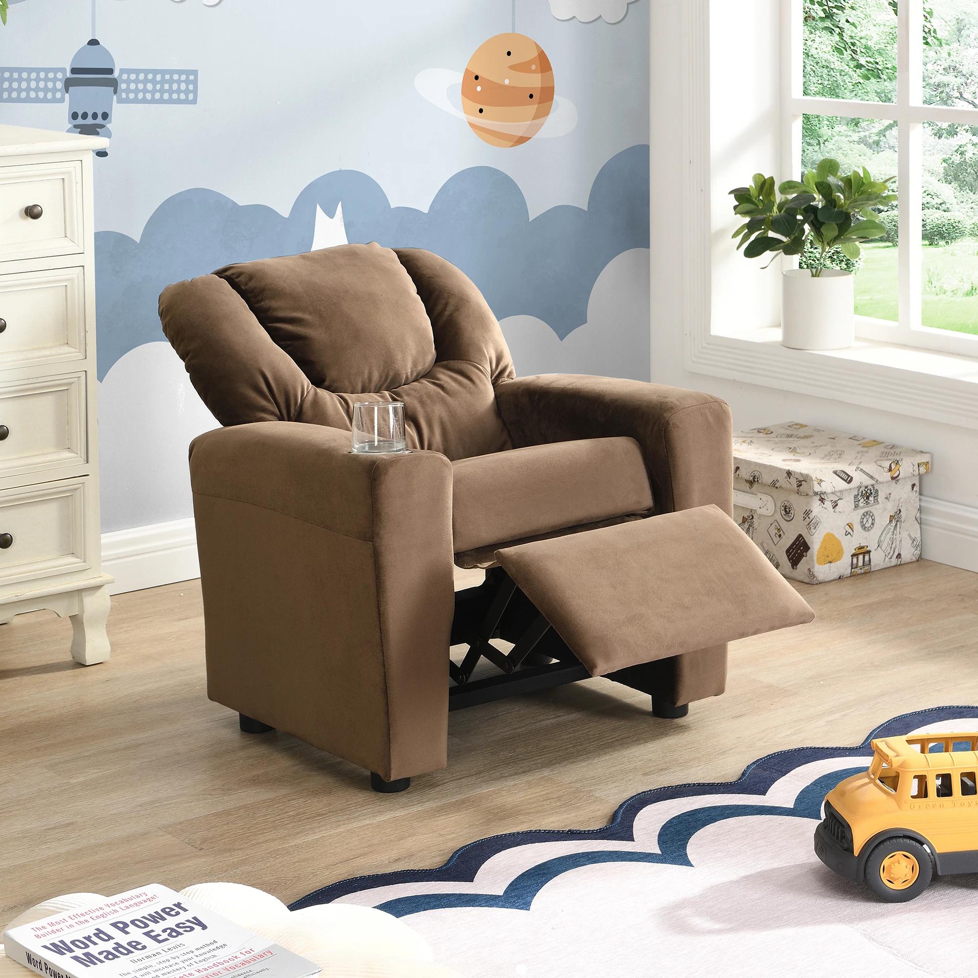 Fauteuil inclinable en velours pour enfants, canapé avec porte-gobelet, repose-pieds, dossier, enfan