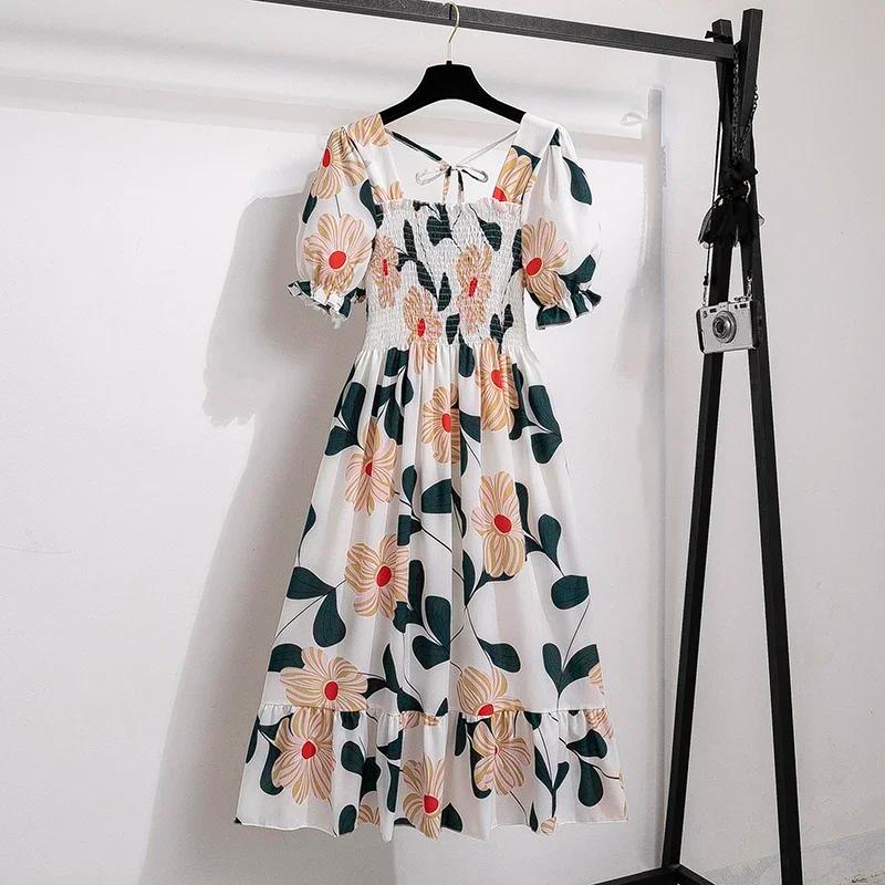 Printemps été robes en mousseline de soie mode femme taille élastique à manches courtes plissée tenu