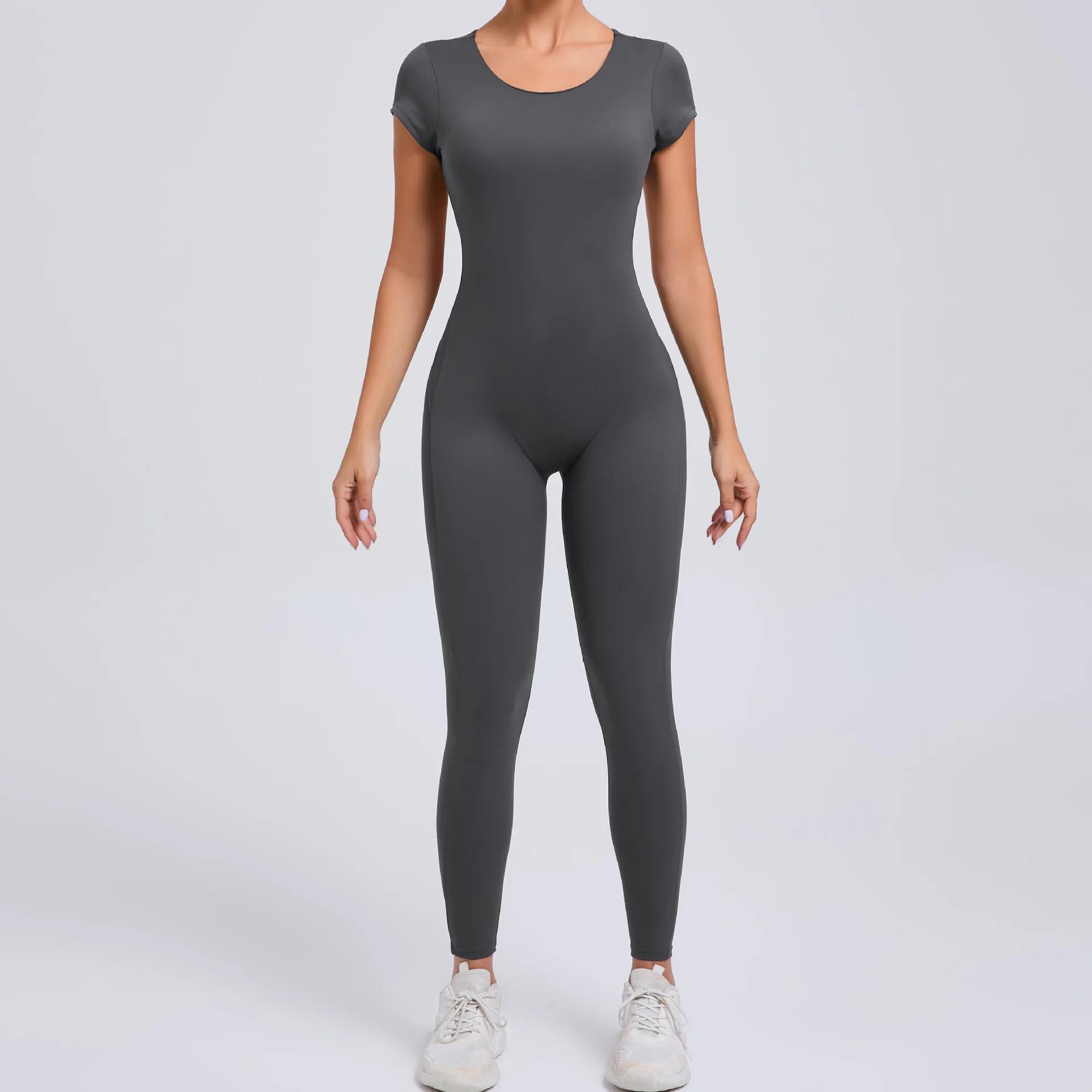 Combinaison de Yoga une pièce pour femmes, manches courtes, dos ouvert, Slim Fit, tenue de sport, co