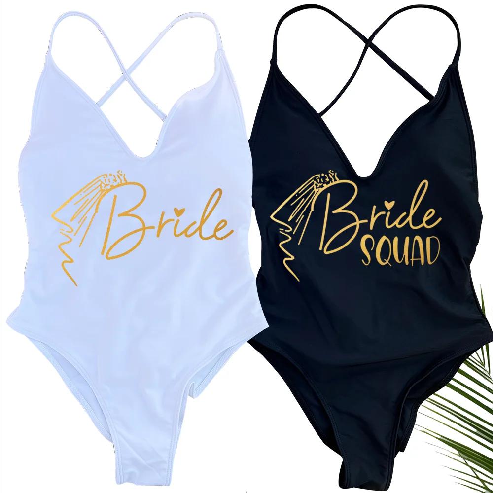 Voile rembourré une pièce maillot de bain mariée SQUAD lettre maillot de bain imprimé femmes Bikini