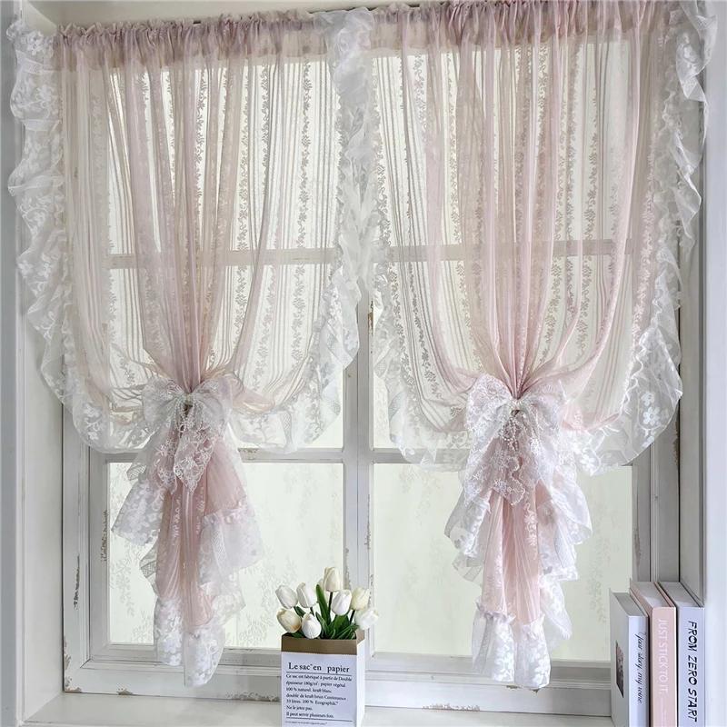 Rideau transparent en dentelle à fleurs rayées roses, romantique coréen, avec poche en dentelle à vo