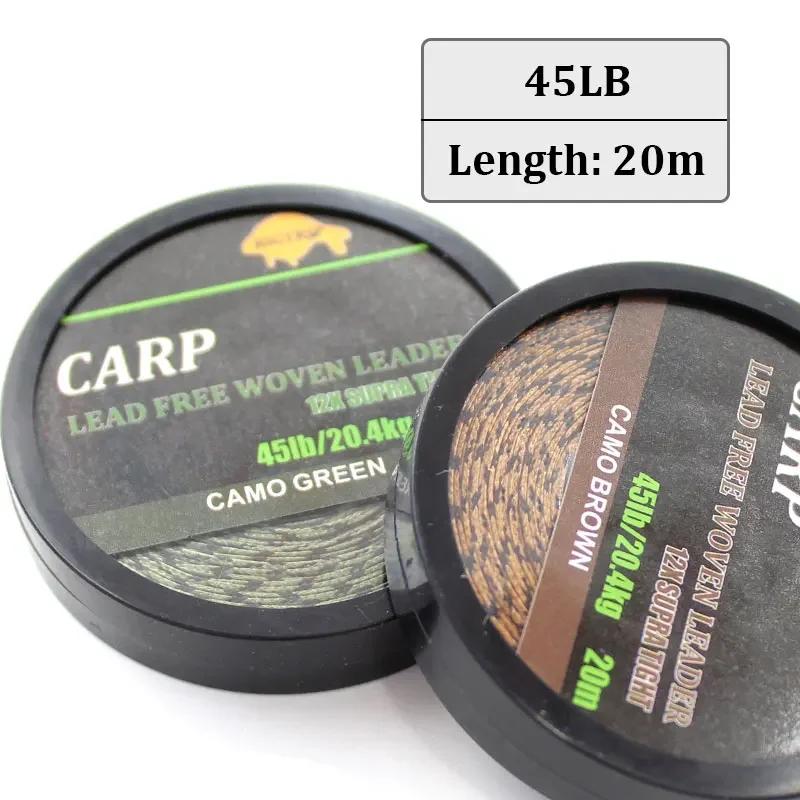 Ligne de Leader de pêche à la carpe, 20m, tissé sans plomb, camouflage vert, noyau sans plomb, 45lb,