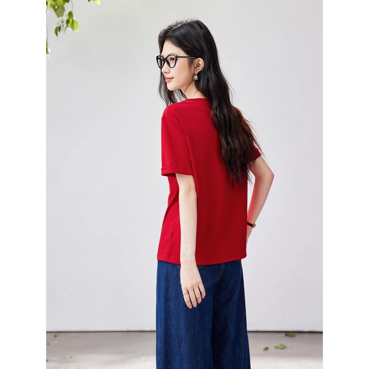 T-shirt décontracté polyvalent rouge pour femme VIMLY, nouvelle collection été 2026, mode bureau, br
