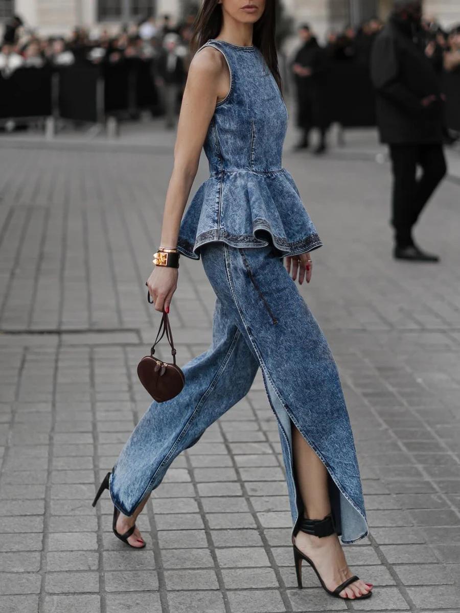 TWOTWINSTYLE Ensemble deux pièces en jean à plis superposés pour femme, haut chic sans manches à col