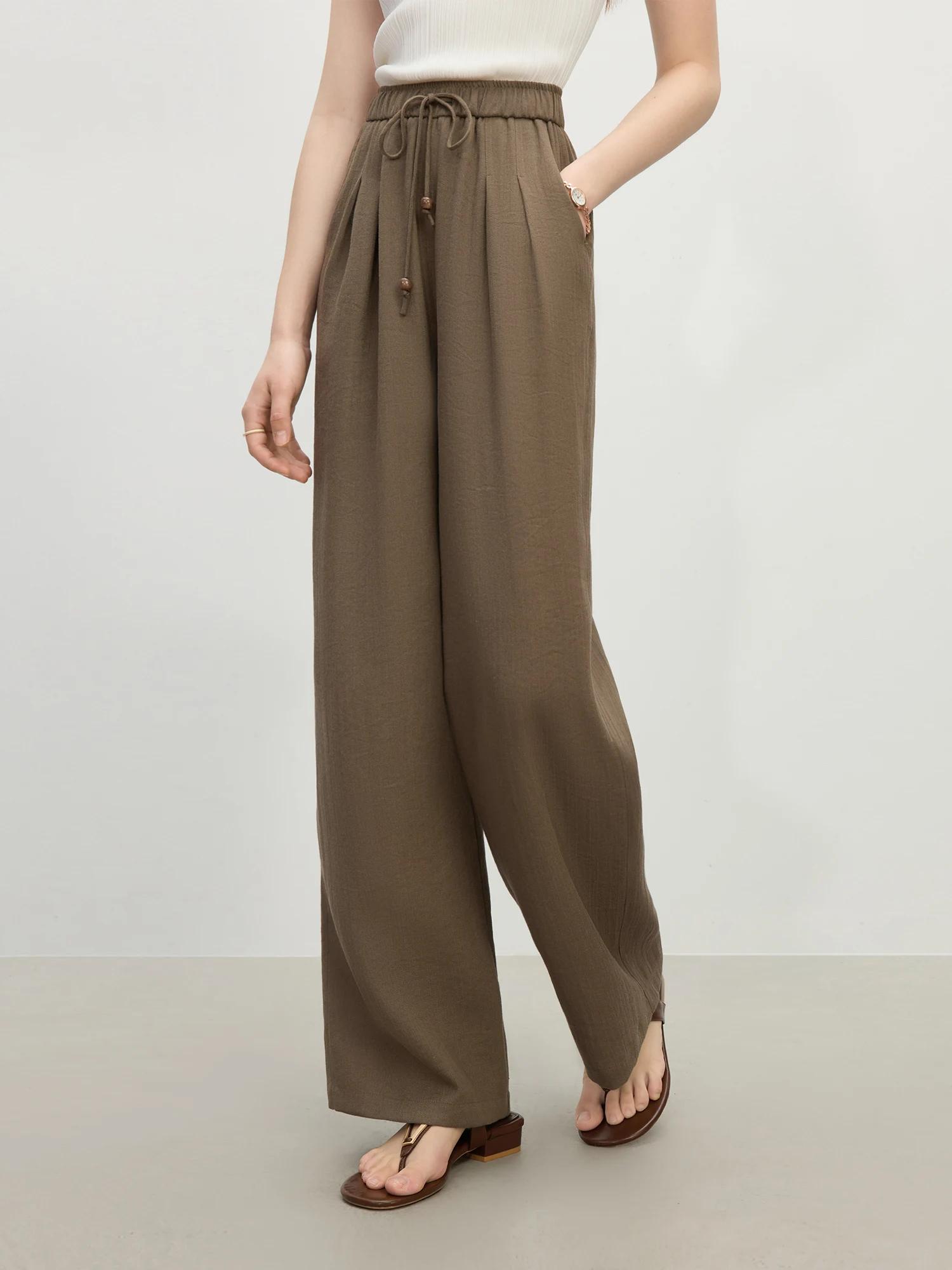 FSLE minimalisme Style lin droit élastique taille haute pantalons décontractés pour les femmes été 2