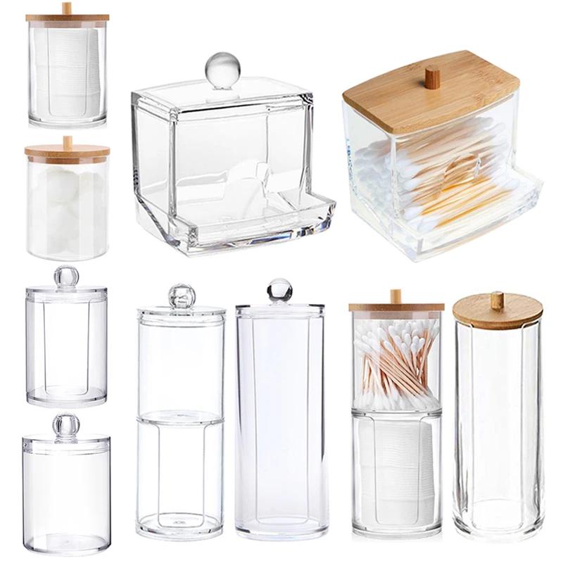 Cotons-tiges en acrylique avec couvercle en bambou, boîte transparente cosmétique, boîte de rangemen
