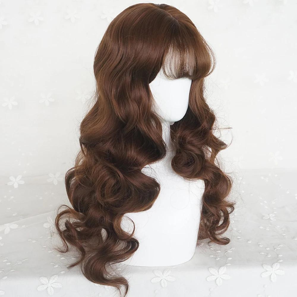 Perruque synthétique longue ondulée marron avec frange pour femmes, perruque de Cosplay Lolita moell
