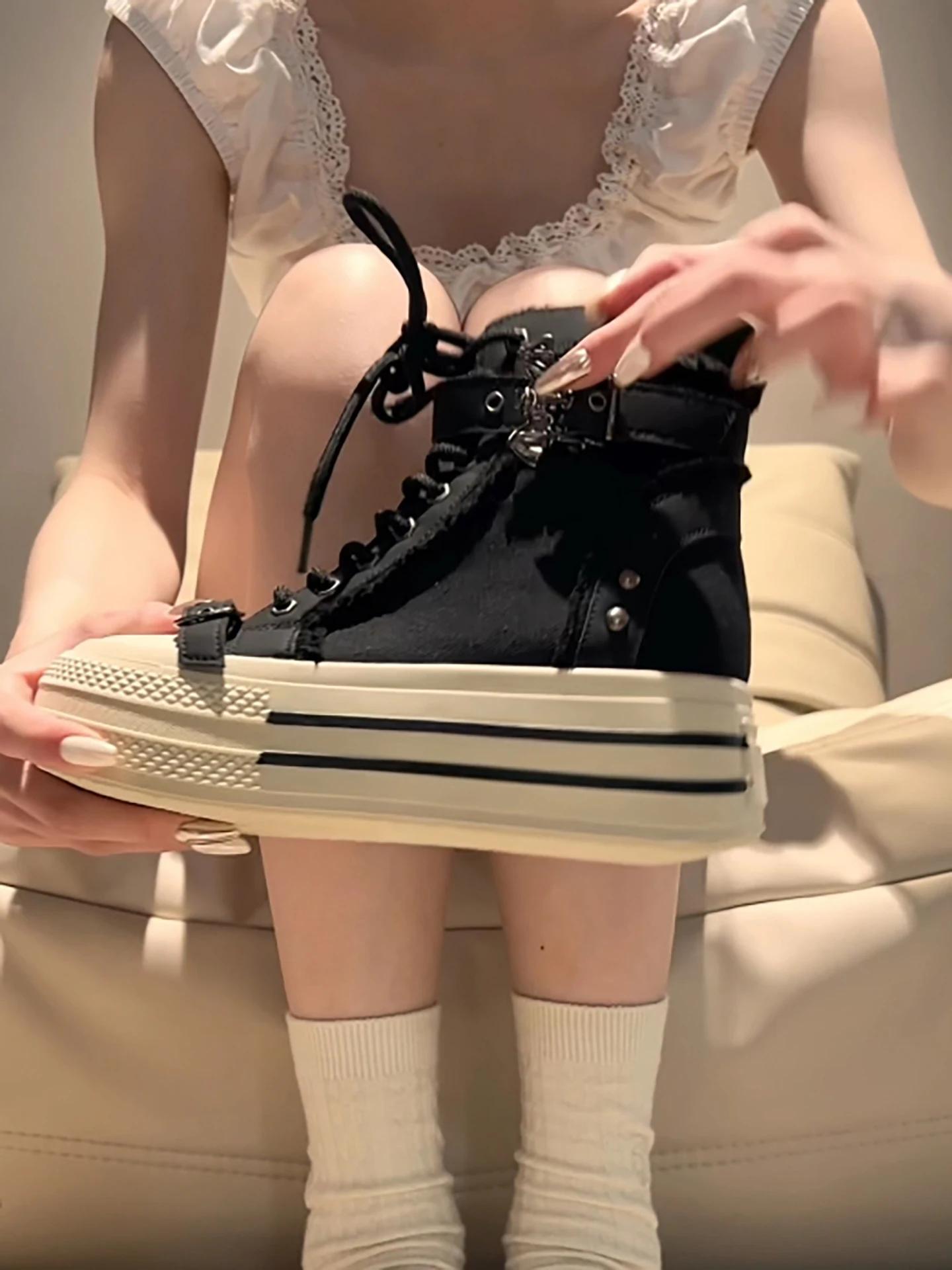 2025 Chaussures montantes rétro noires en toile pour femmes – Baskets à plateforme épaisse pour une