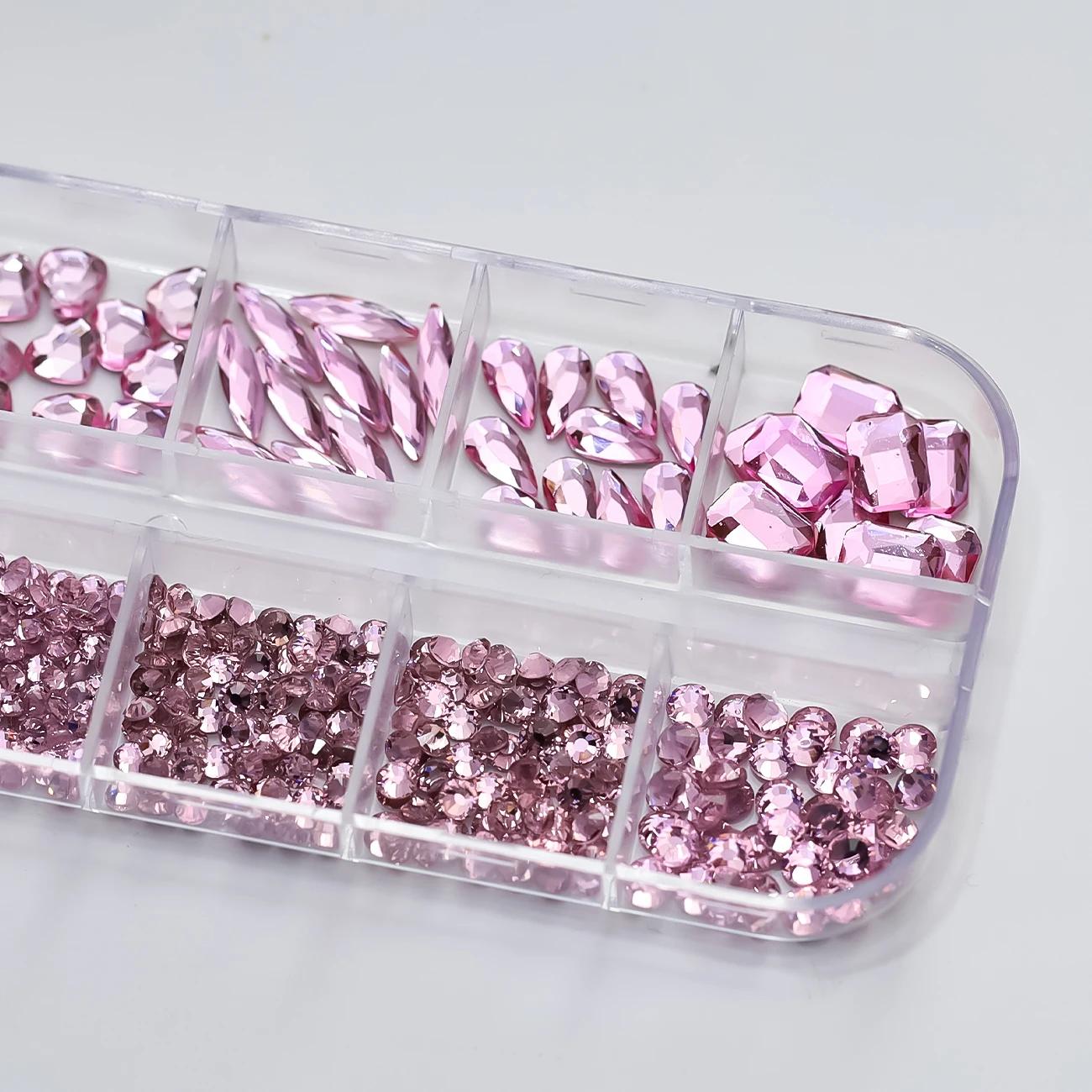 Strass 3D rose pour Nail Art, 12 grilles, pierres précieuses en verre à dos plat, décorations pour N