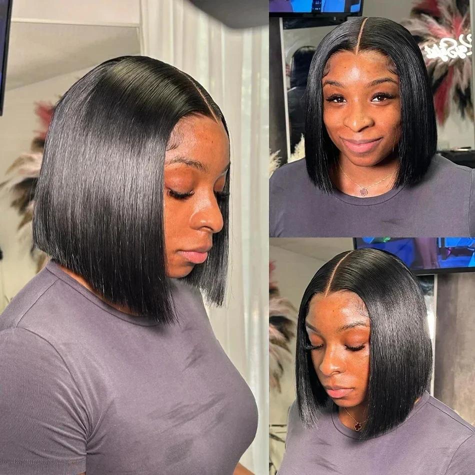 Perruques Bob à densité 220 %, lisses, en cheveux humains, avec dentelle frontale 13x4, en cheveux b