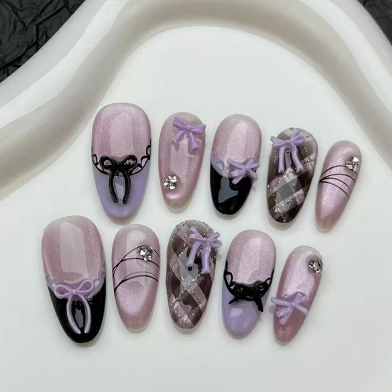 10 pièces violet oeil de chat fait à la main faux ongles conseils paillettes mi-longue ovale presse