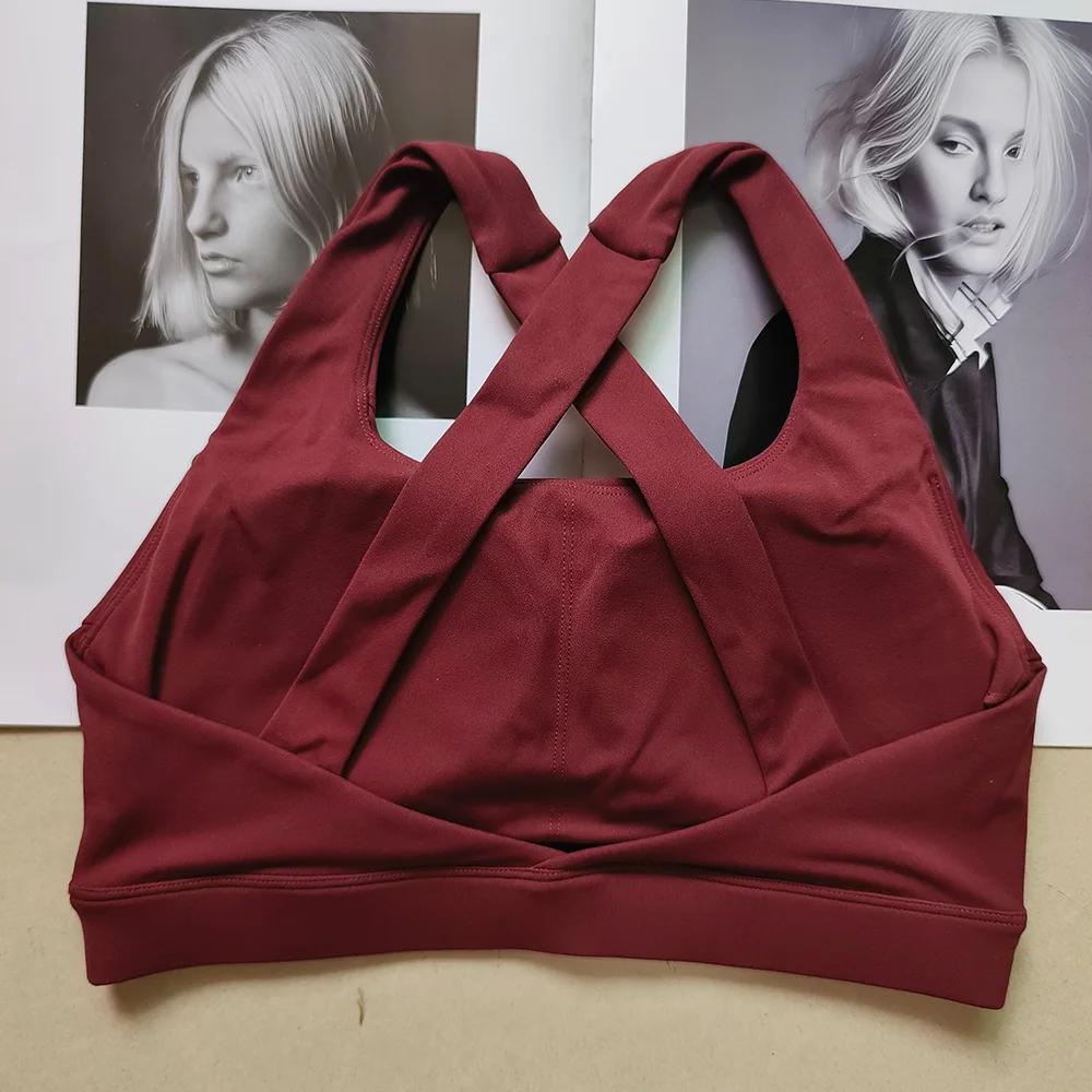 Soutien-gorge de sport dos croisé de couleur unie, gilet de yoga Pilates absorbant les chocs à sécha