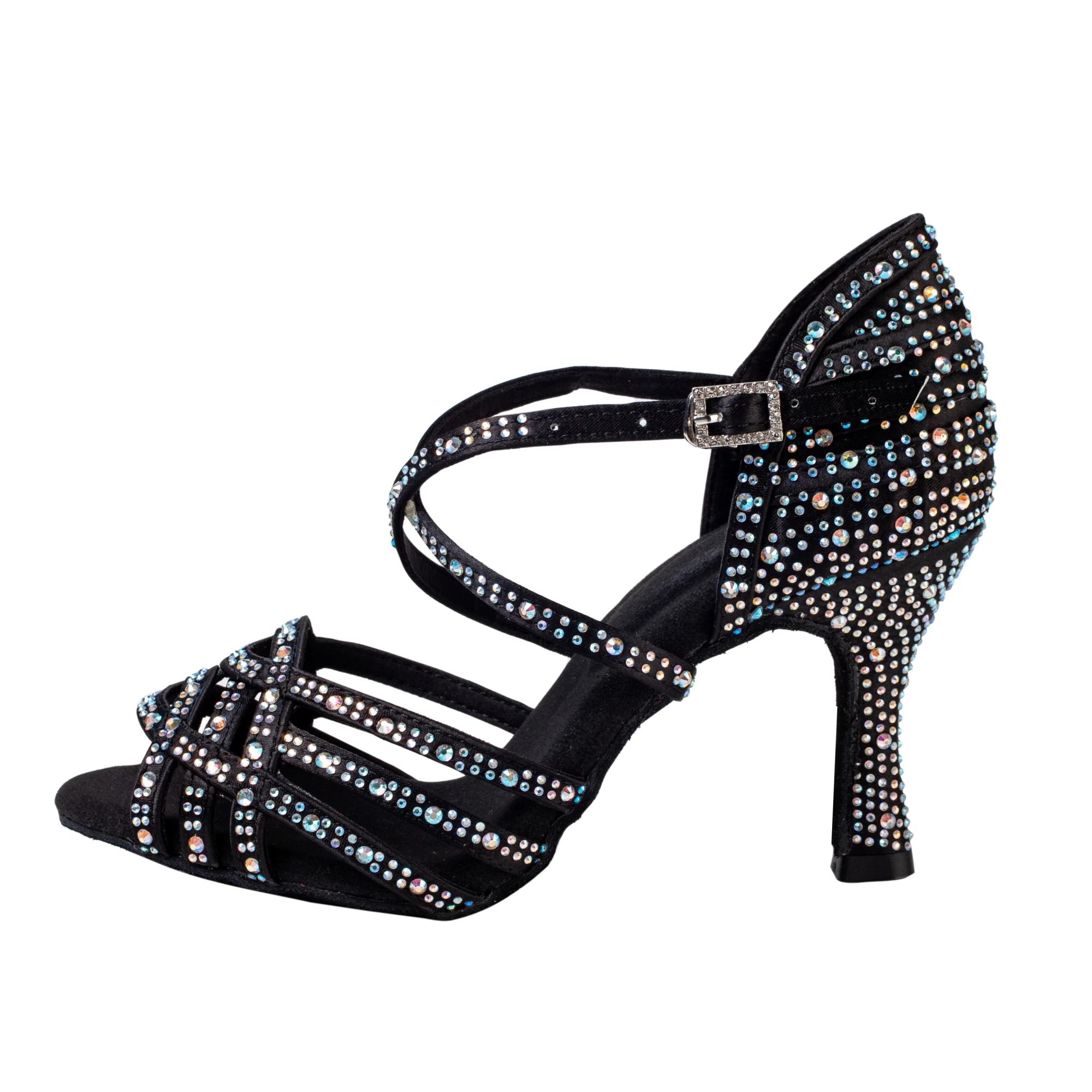 Chaussures de danse latine, chaussures de danse noires pour adultes, diamant incrusté de 7.5cm pour
