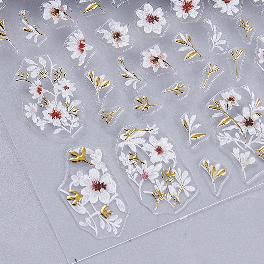 Autocollants 3D pour ongles, motif fleurs de cerisier, fleurs de pêcher, marguerites, feuilles dorée