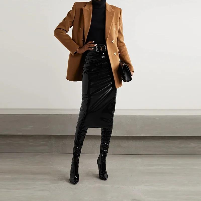 Jupe Misi en Faux Latex pour femmes, taille haute, en cuir verni brillant, crayon, fermeture éclair,