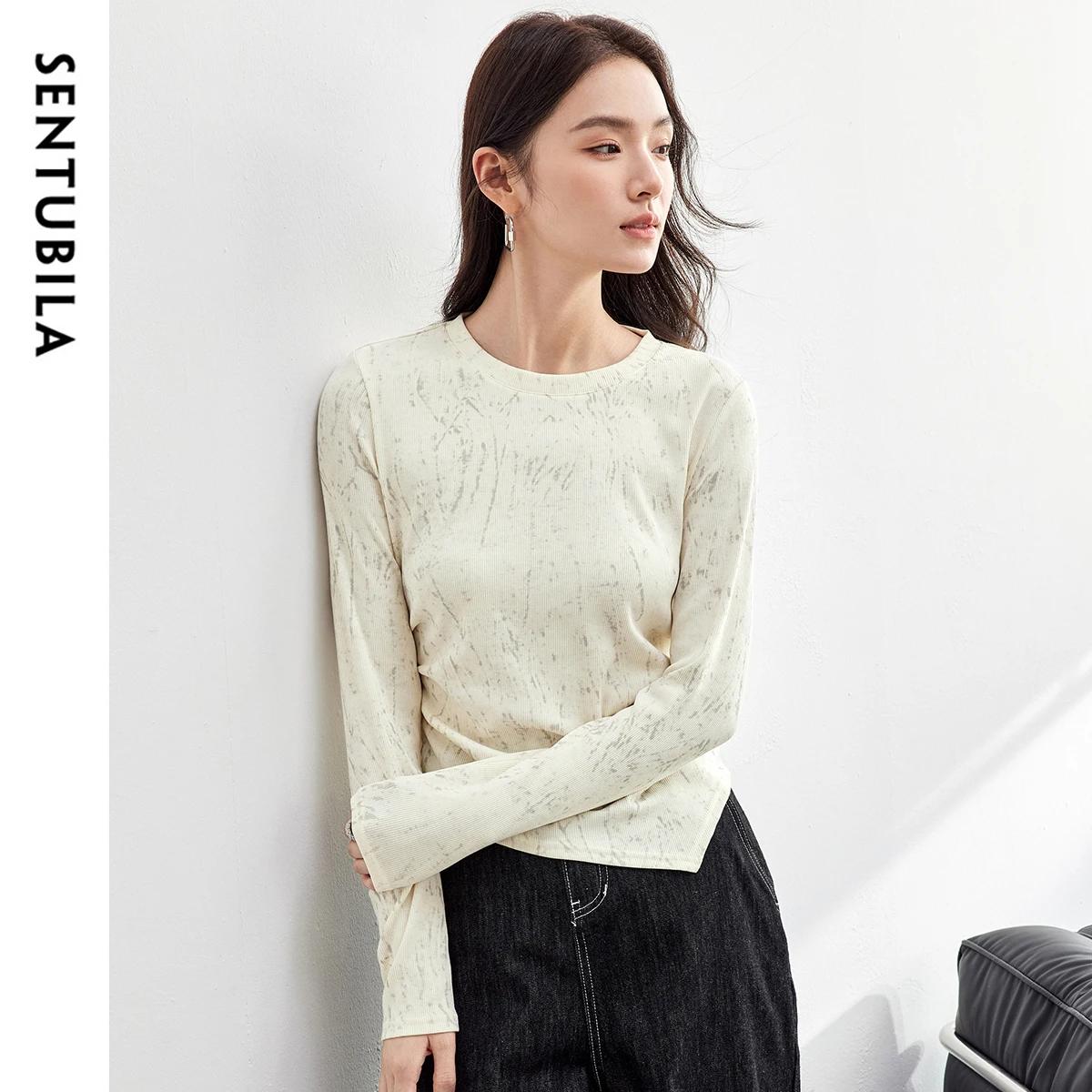 T-shirt en coton imprimé SENTUBILA pour femme, plissé irrégulier, tricoté, col rond, manches longues