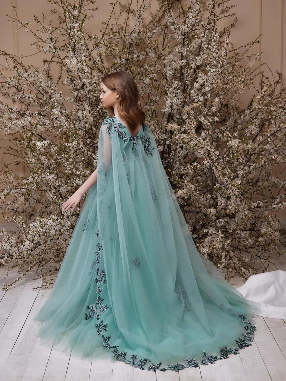 Robe de princesse pour enfants, élégante, verte, exquise, à fleurs 3D, avec cape, pour les filles, r