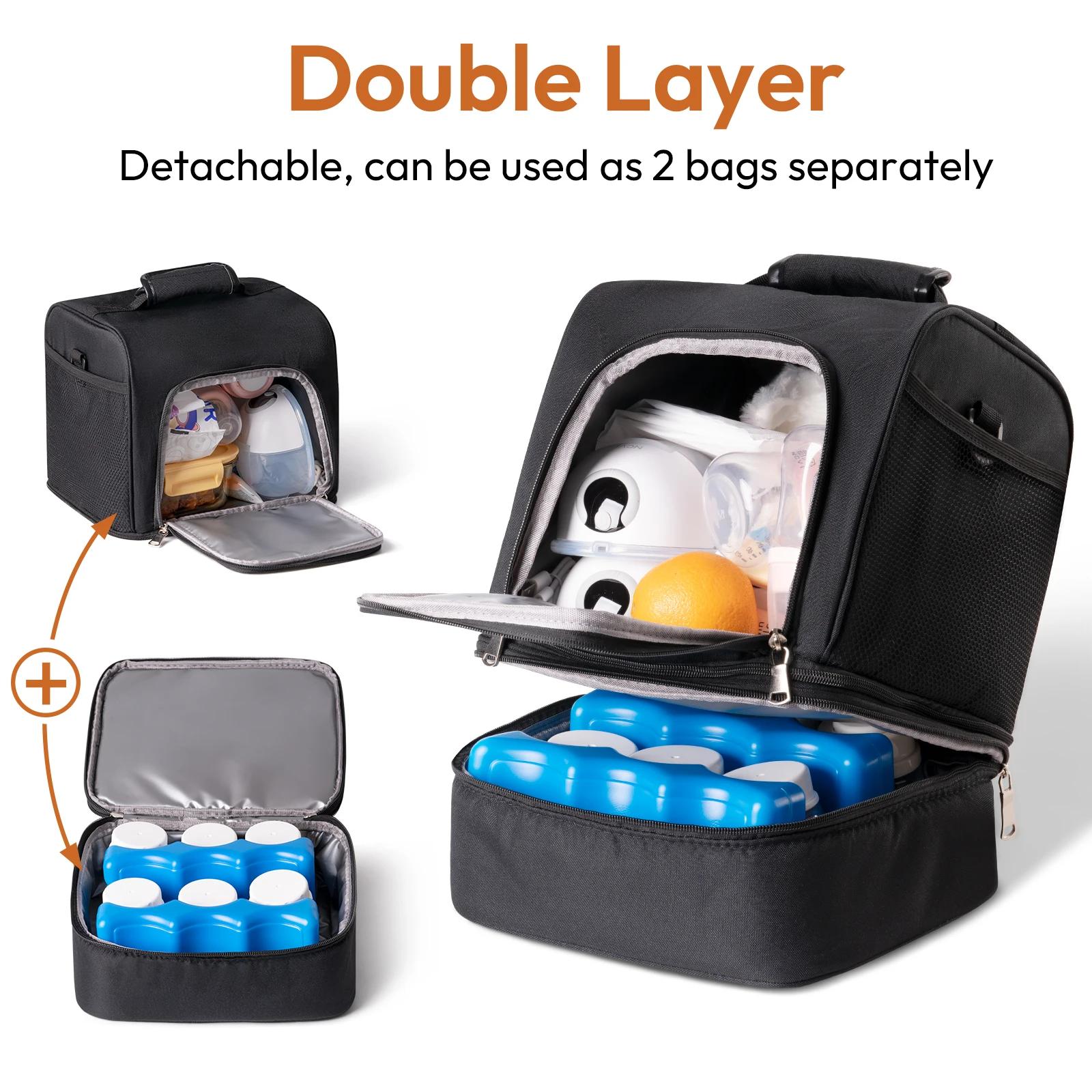 Sac à tire-lait noir NCVI, sac à lait maternel double couche séparable avec compartiment isotherme,