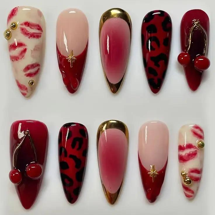 24 pièces doux Cool français faux ongles patchs Vintage Y2k faux ongles 3D cerise conception Nail Ar