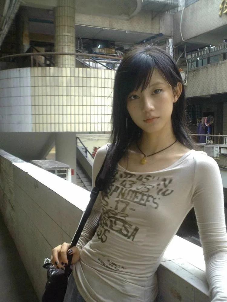 T-shirt manches longues côtelé avec lettres imprimées japonaises Y2k, Style Trashy des années 2000,