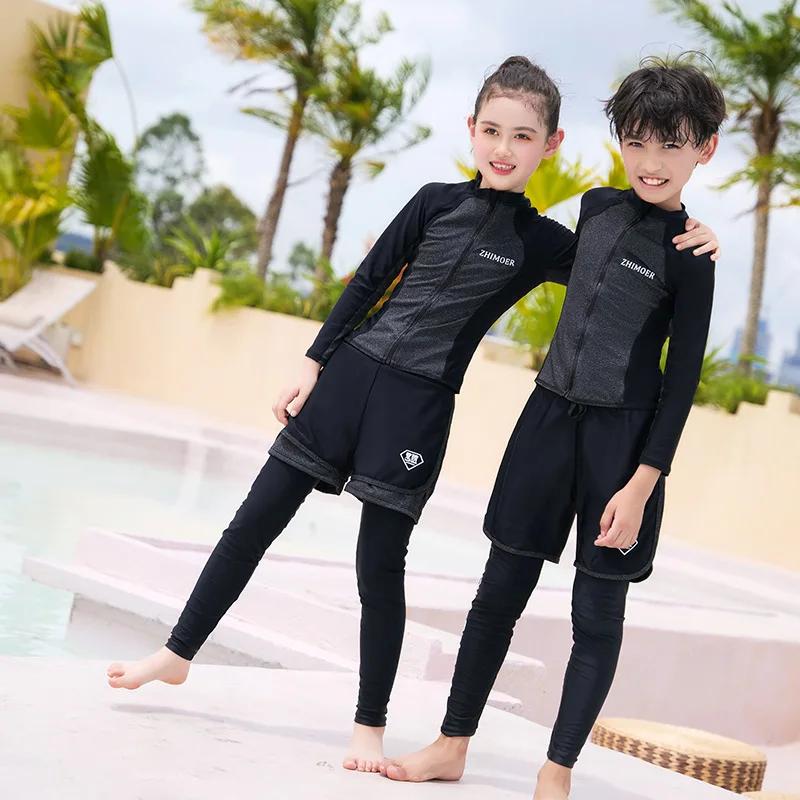 Filles jeunesse à manches longues maillot de bain quatre pièces anti-éruption maillot de bain hauts