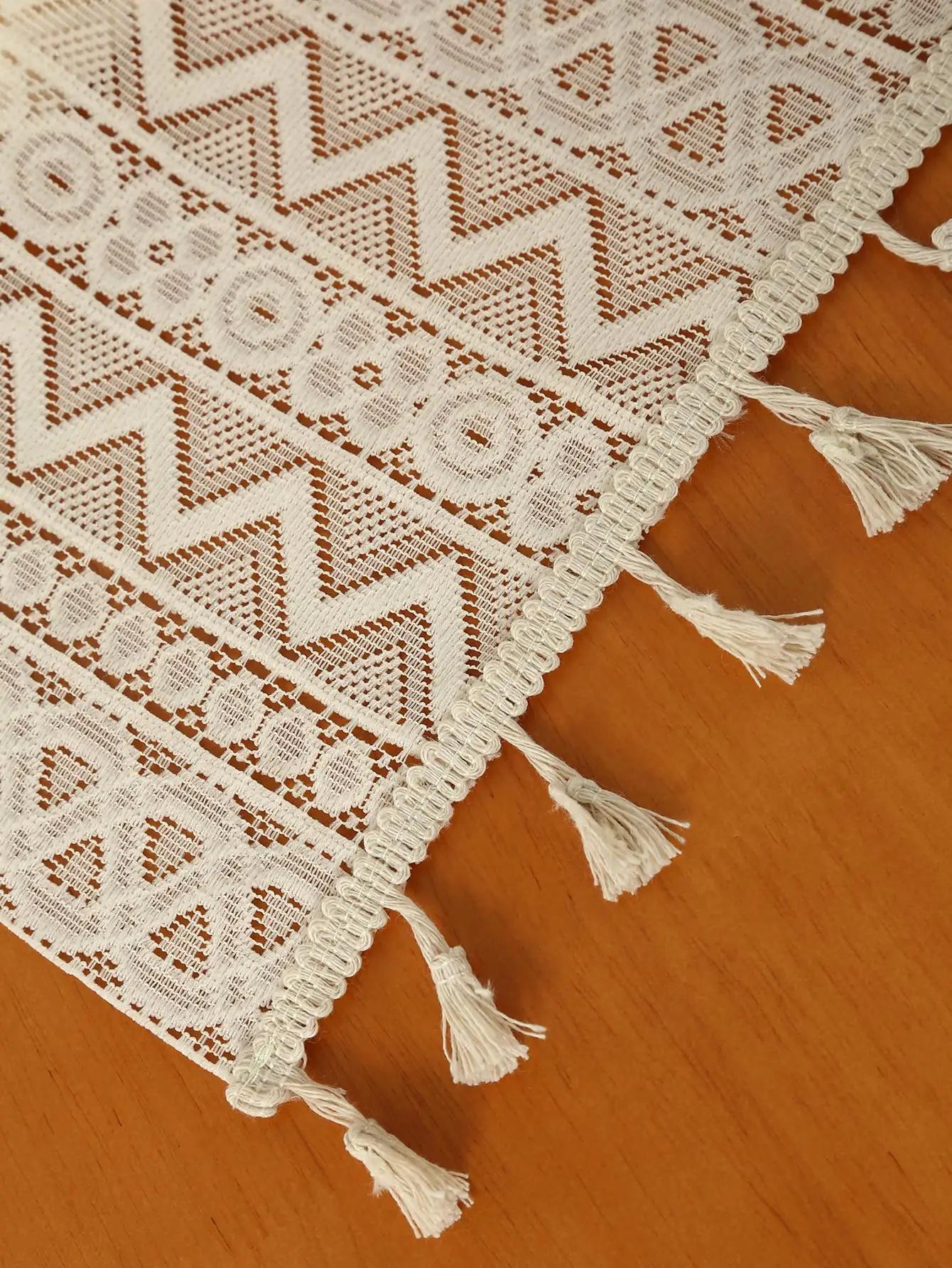 Chemin de Table Beige en dentelle et coton mélangé, tissu avec pompon pour décoration de Table basse