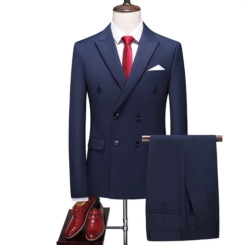 Costume (Blazer + pantalon) pour hommes, mode Business Elegante, couleur unie, décontracté, Double b
